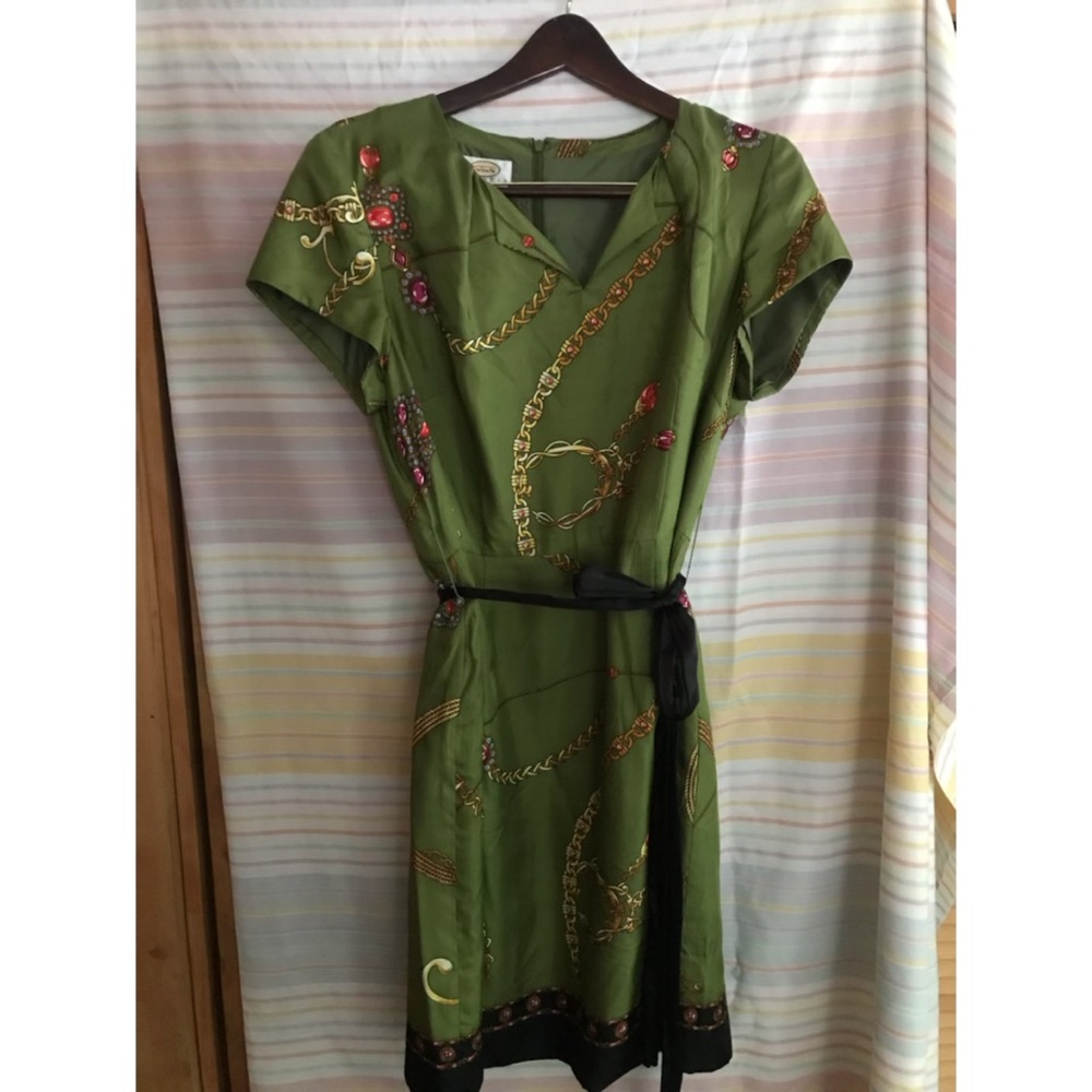 Green belted dress with jewelry print